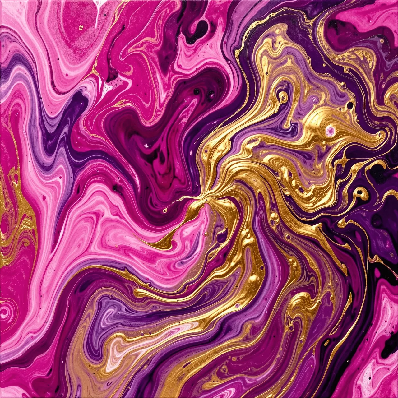 Swirling abstract fluid painting with merging magenta, violet and molten golden currents