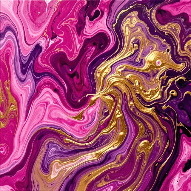 Swirling abstract fluid painting with merging magenta, violet and molten golden currents