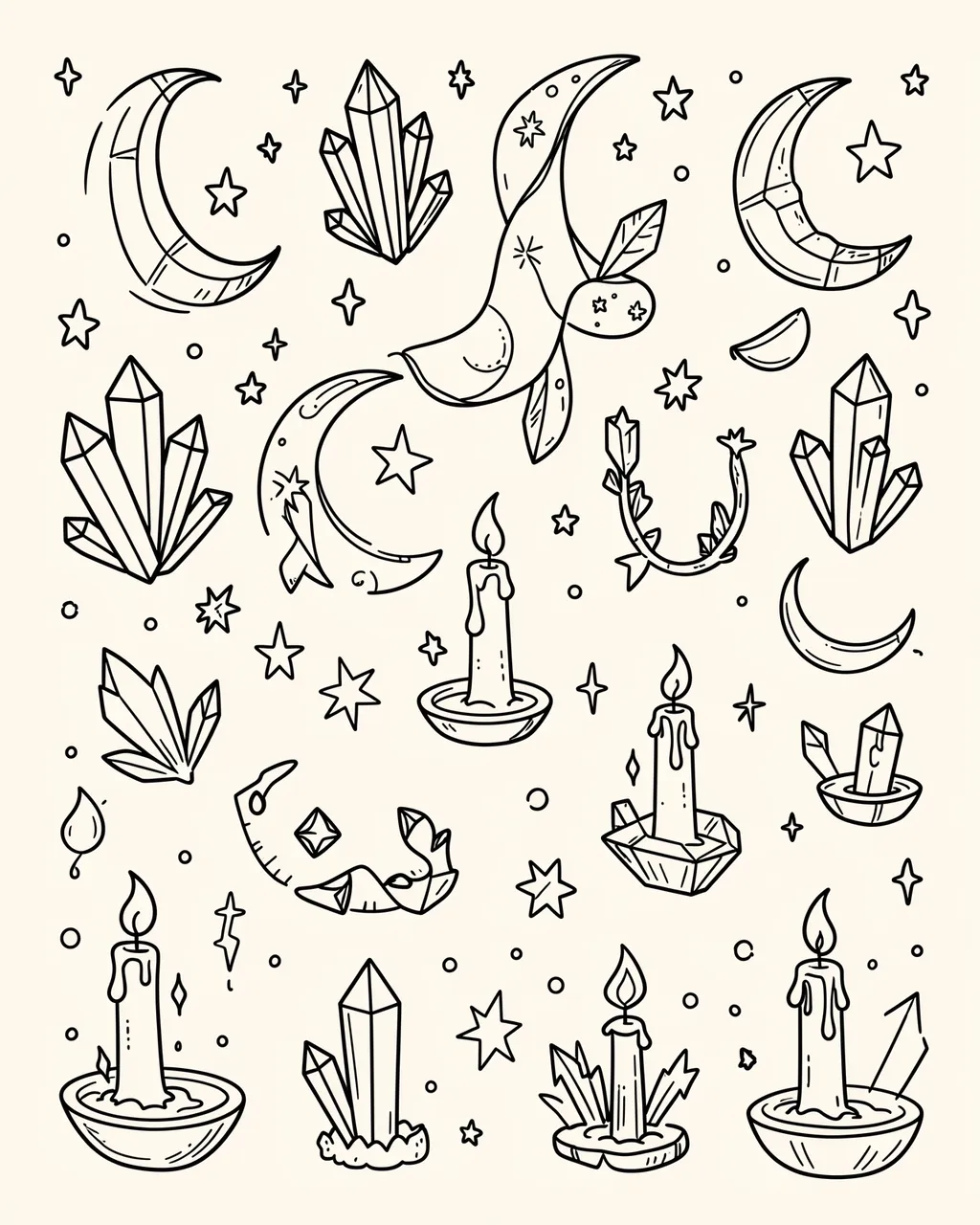 Hand-drawn monoline doodles of crystals, crescent moons, candles, and stars on an off-white background