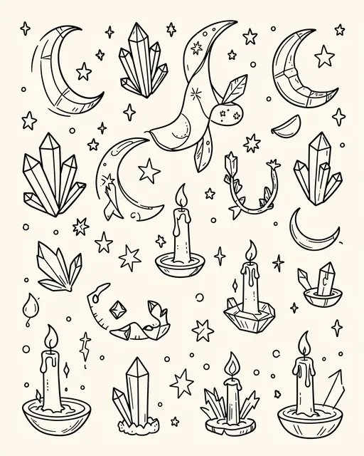 Hand-drawn monoline doodles of crystals, crescent moons, candles, and stars on an off-white background