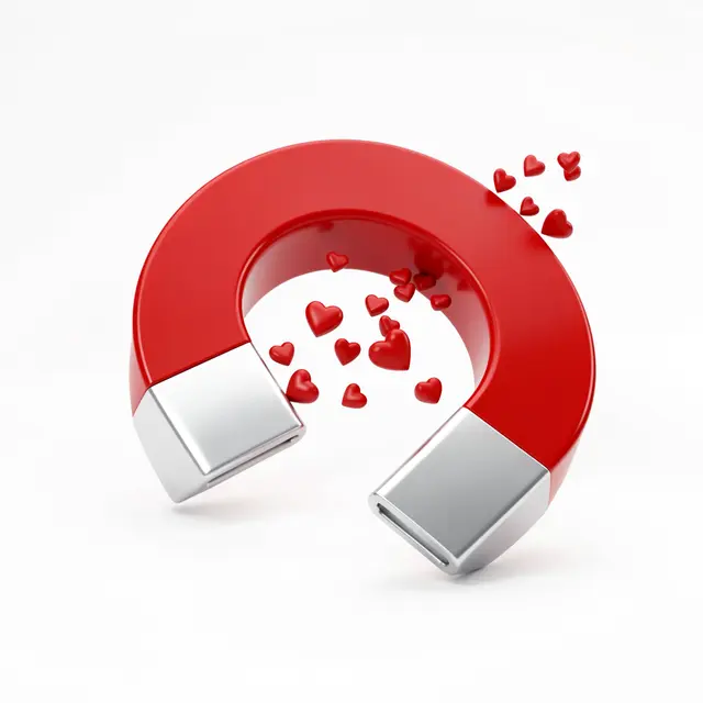 A red and silver horseshoe magnet pulls floating small red hearts against a plain white background