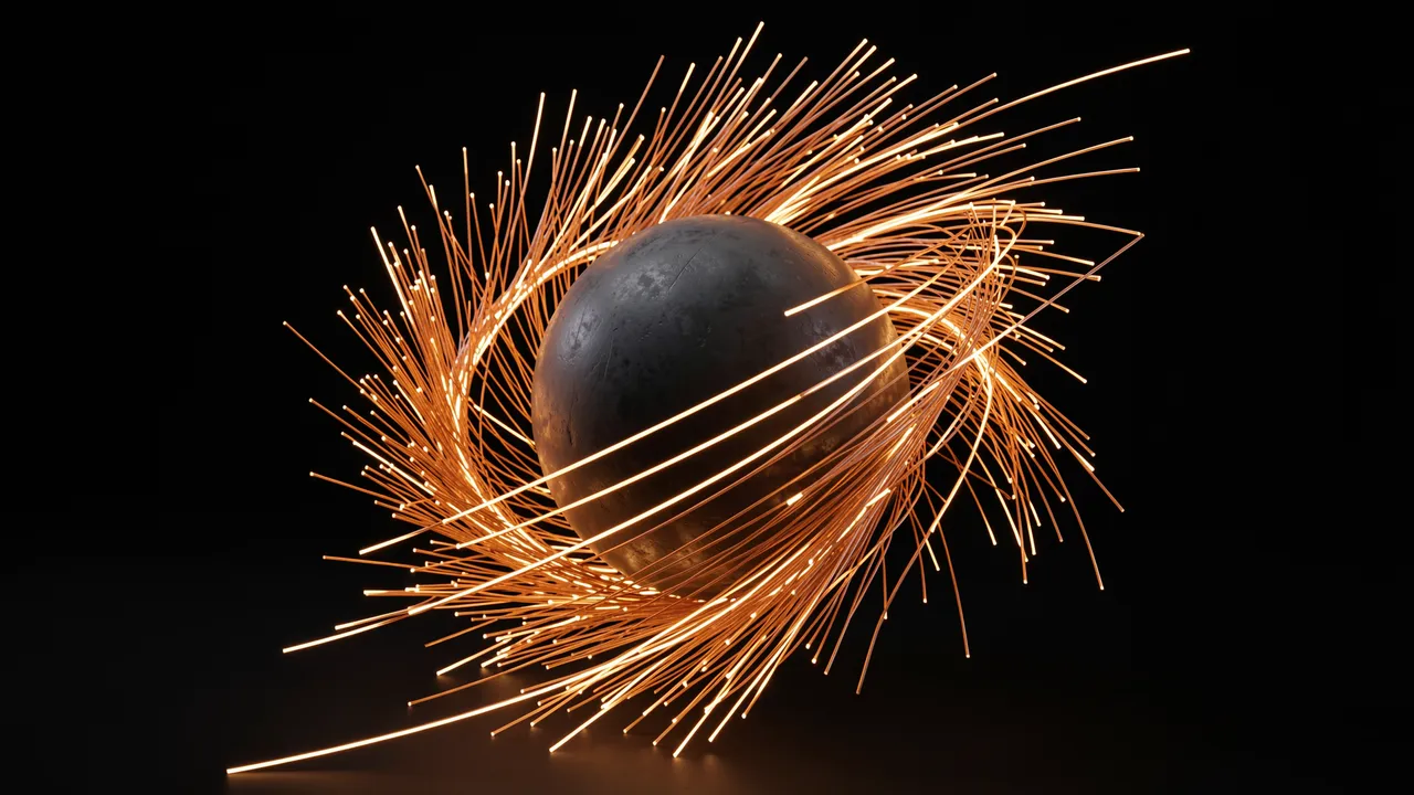 Glowing orange curved magnetic field lines swirl around a dark textured sphere against a black background