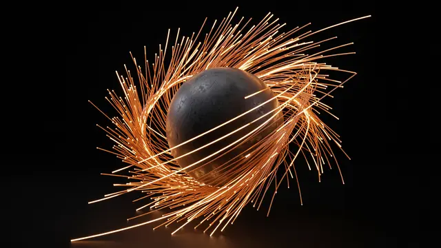 Glowing orange curved magnetic field lines swirl around a dark textured sphere against a black background