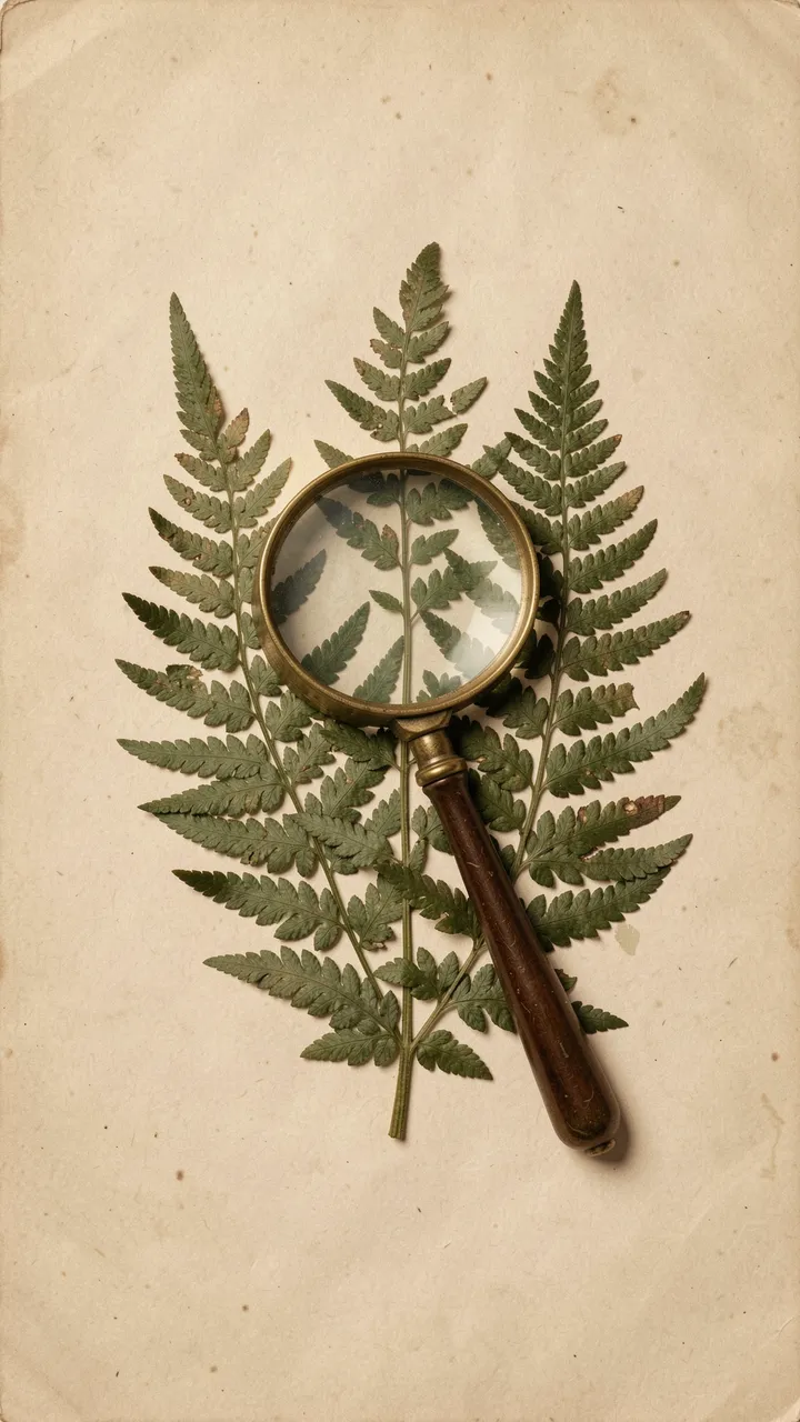 Brass magnifying glass rests atop pressed fern fronds on aged cream paper