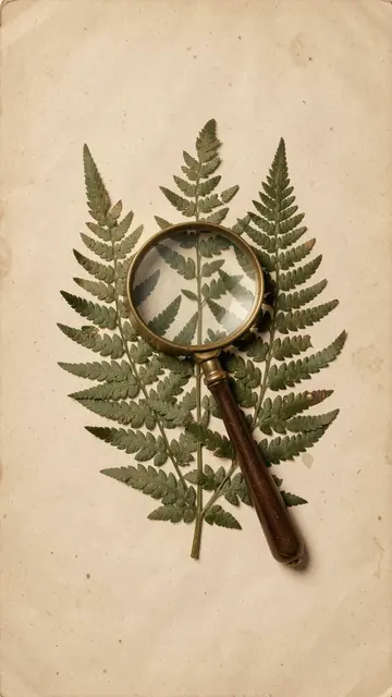 Brass magnifying glass rests atop pressed fern fronds on aged cream paper