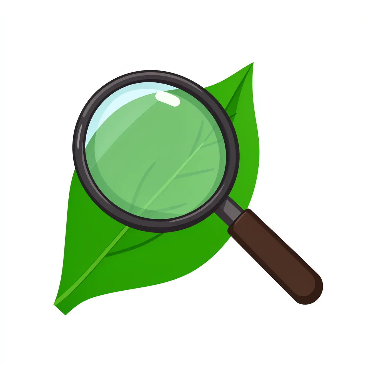 Flat vector illustration of a magnifying glass resting on top of a detailed green leaf against a plain white background