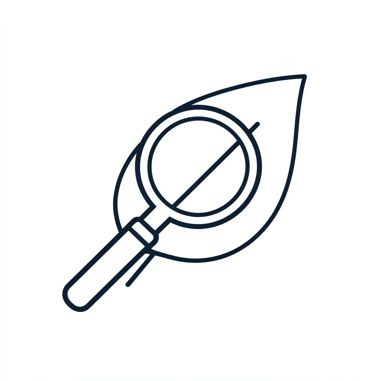 Crisp dark line icon of a magnifying glass resting over a simple leaf outline on a plain white background