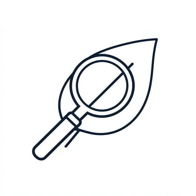 Crisp dark line icon of a magnifying glass resting over a simple leaf outline on a plain white background