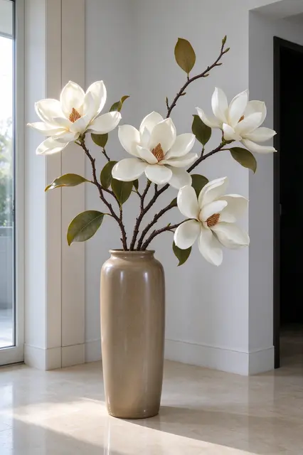 A tall ceramic floor vase holds white magnolia blooms in a bright modern entryway