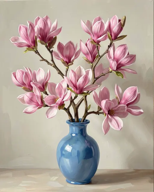 Oil painting of pink magnolia blossoms on a branch arranged in a glossy blue vase with soft side lighting.