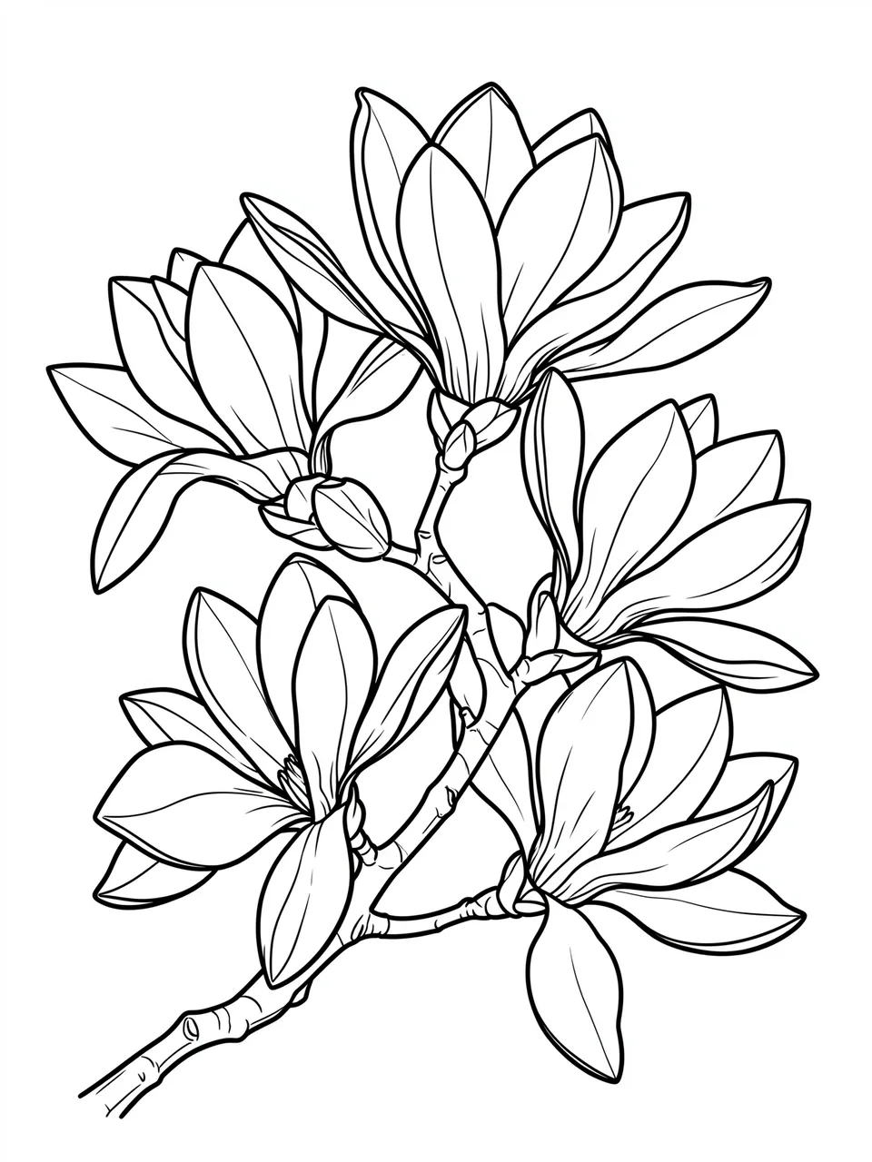 Clean black and white line art of a magnolia branch with large open blossoms against a plain white background