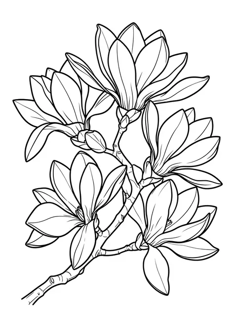 Clean black and white line art of a magnolia branch with large open blossoms against a plain white background