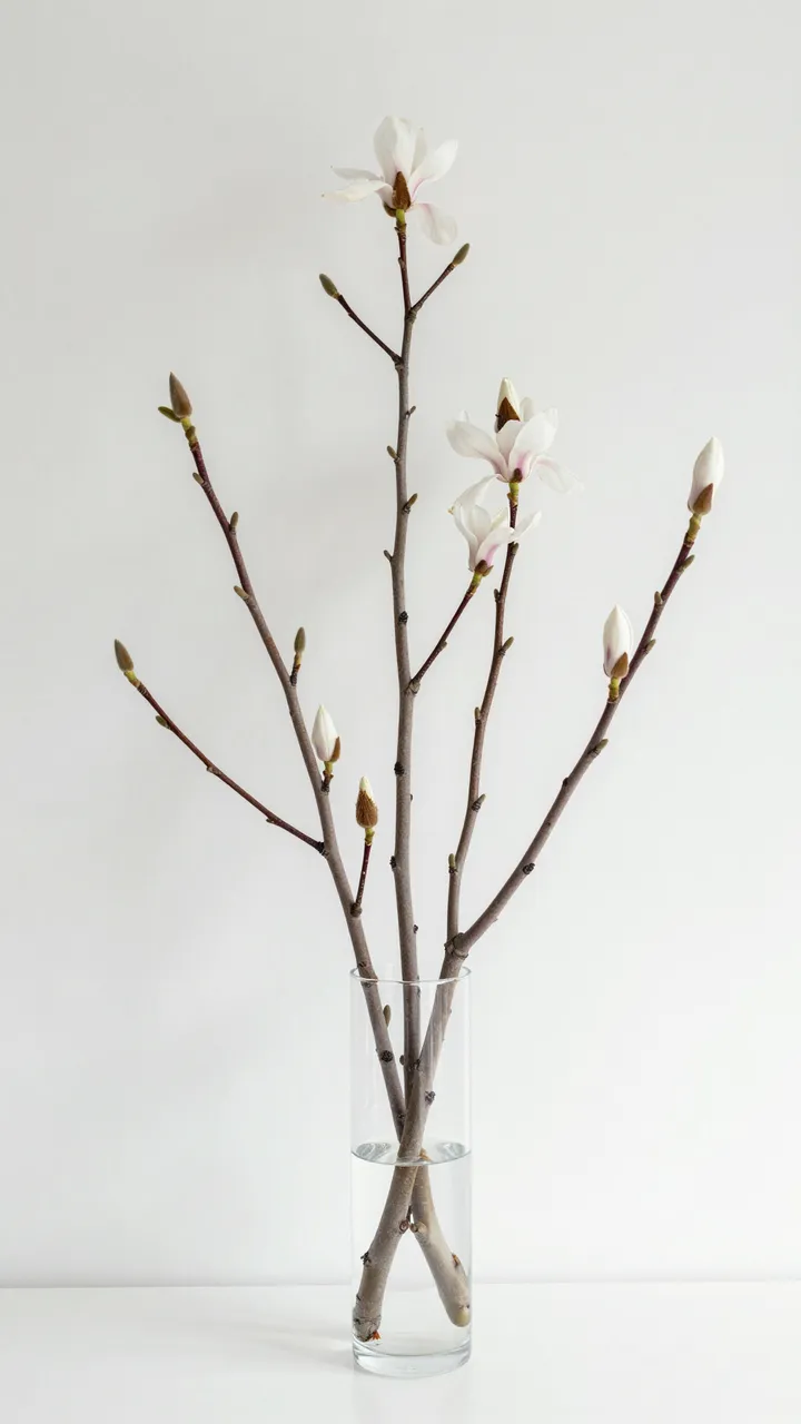 Magnolia branches with open blooms and buds stand in a tall clear glass vase against a plain white room background.
