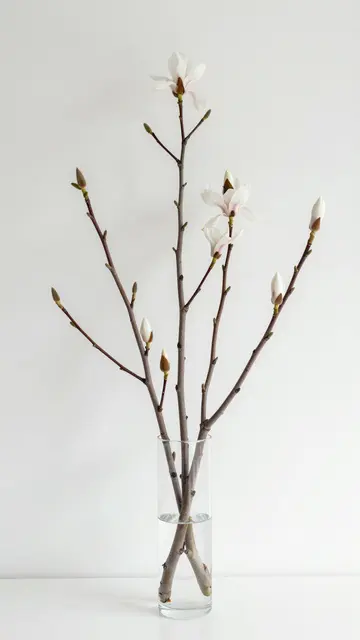 Magnolia branches with open blooms and buds stand in a tall clear glass vase against a plain white room background.