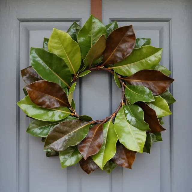 A round magnolia leaf wreath hangs on a paneled gray painted front door.