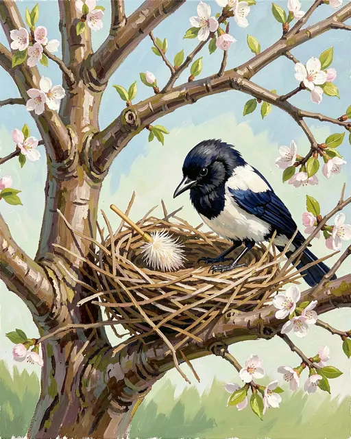 Gouache painting of a magpie standing in its nest with a tiny feather duster among blooming spring tree branches