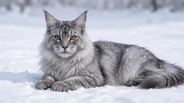 A silver Maine Coon cat with amber eyes lies in fresh snow dusted with snowflakes