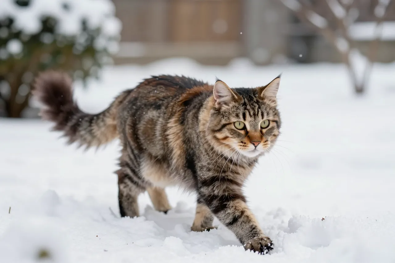 A tabby maine coon cat walks slowly across fresh white snow in a winter garden.