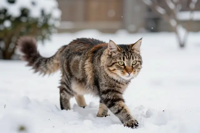 A tabby maine coon cat walks slowly across fresh white snow in a winter garden.