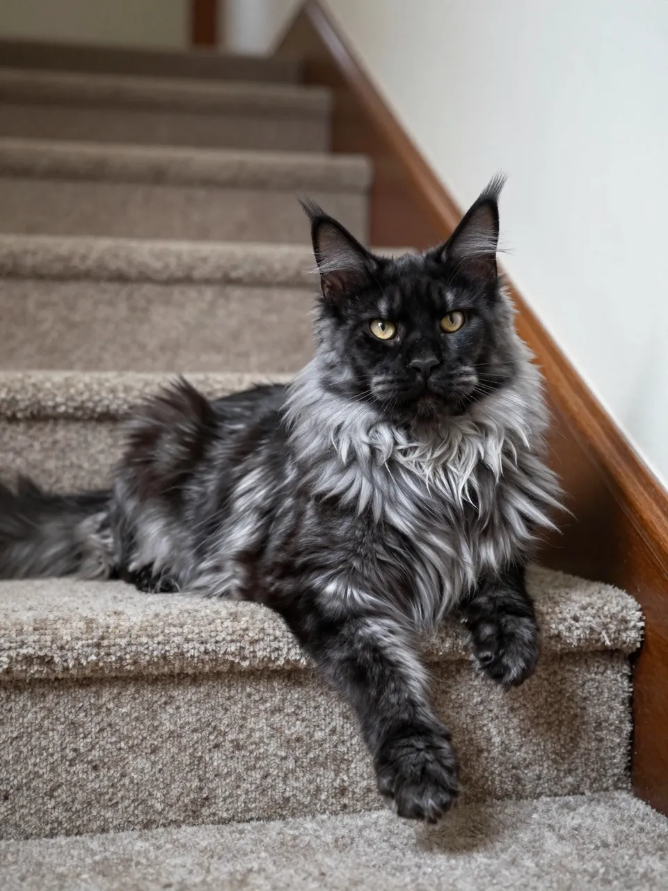 Long furred black and silver Maine Coon cat rests on carpeted stairs looking at the camera