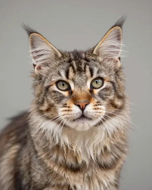 Close-up portrait of a tabby maine coon cat with tufted ears looking directly at the viewer against a plain gray background