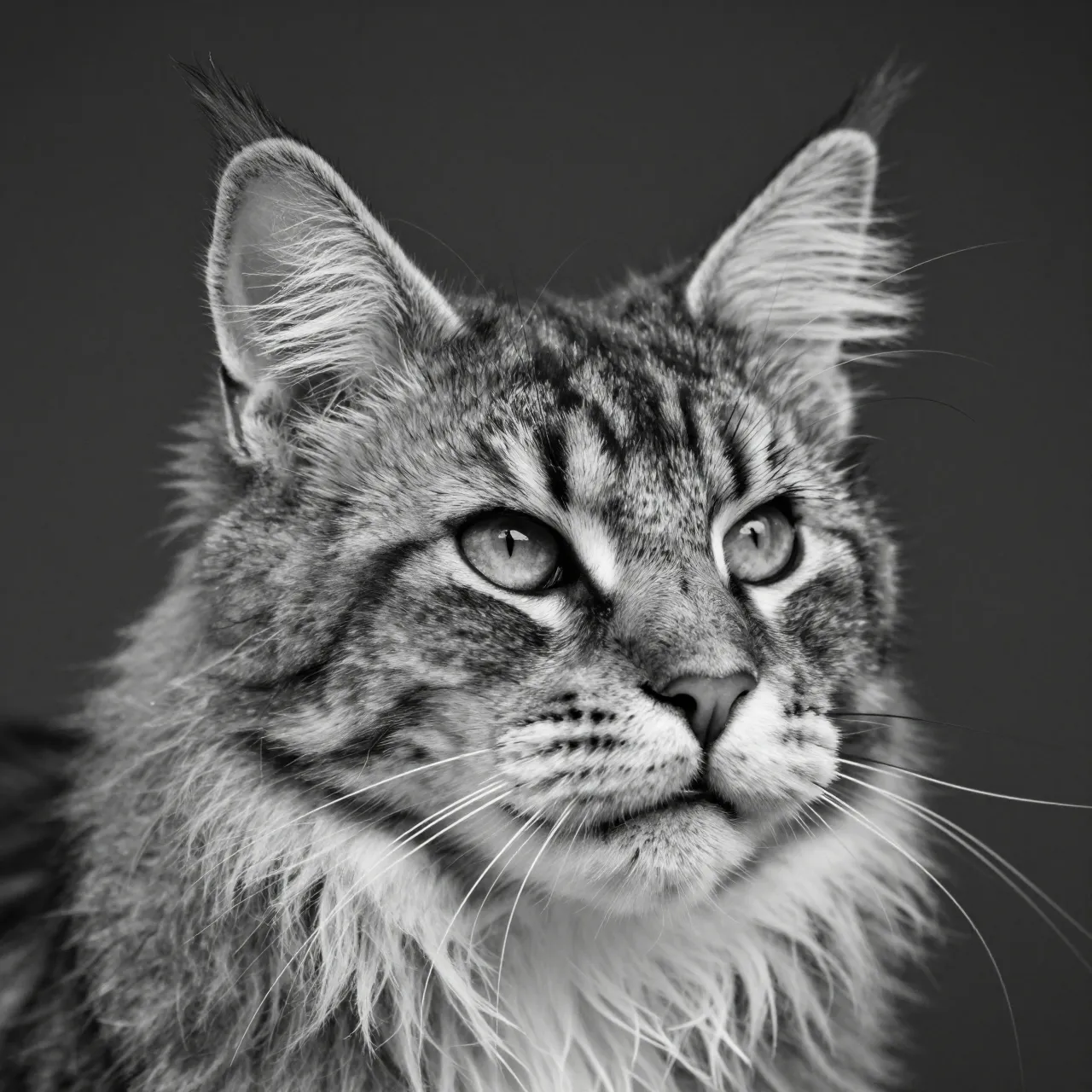 Black and white close-up portrait of a Maine Coon cat face with tufted ears and long whiskers