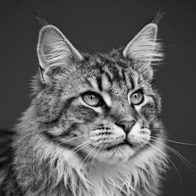 Black and white close-up portrait of a Maine Coon cat face with tufted ears and long whiskers