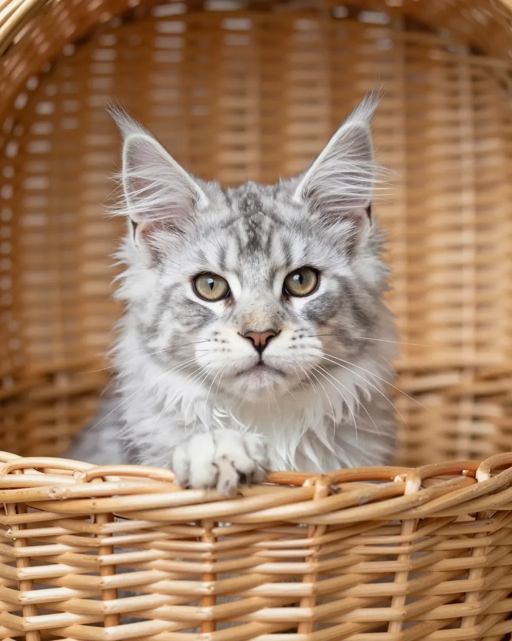 Fluffy silver Maine Coon kitten rests its paw on a wicker basket rim while looking directly at the camera.