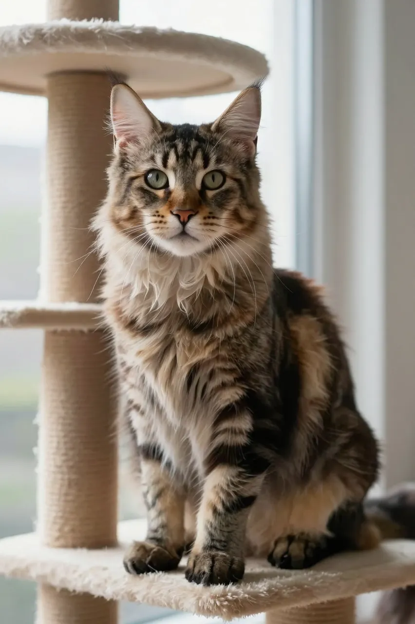 A fluffy tabby Maine Coon cat sits upright on a plush cat tree platform next to a bright sunny window.