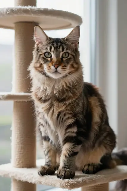 A fluffy tabby Maine Coon cat sits upright on a plush cat tree platform next to a bright sunny window.