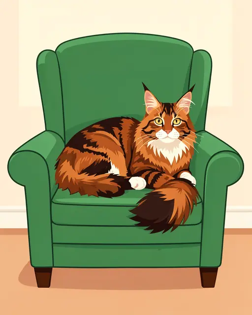A fluffy brown tabby Maine Coon cat rests calmly on a green upholstered armchair.