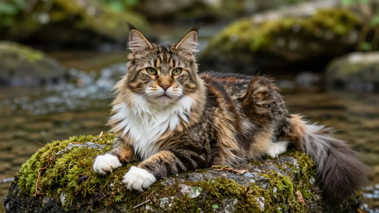 A brown tabby Maine Coon cat with a white chest rests on a mossy rock beside a shallow forest stream.