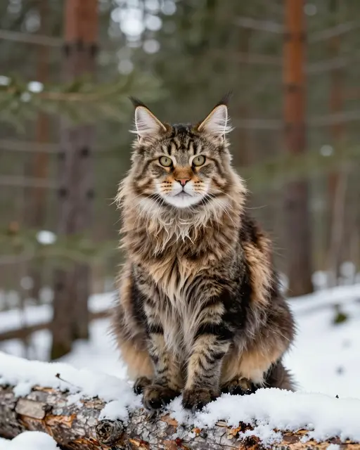 A fluffy brown tabby Maine Coon sits upright on a snow-covered log in a winter pine forest.