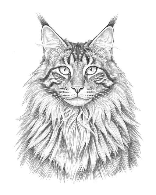 Detailed graphite pencil sketch of a Maine Coon cat bust on plain white paper