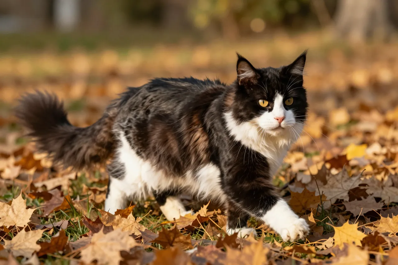 Black and white longhair Maine Coon cat walks cautiously through fallen autumn maple leaves in warm golden light.