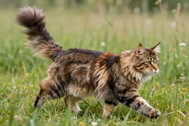 Long furred brown tabby Maine Coon walks side profile through tall sunlit summer meadow grass with its bushy tail raised.