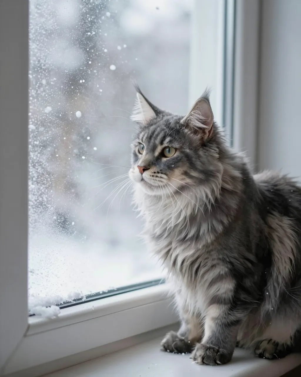A blue-gray Maine Coon cat sits on a frosted windowsill looking out at falling snowflakes.