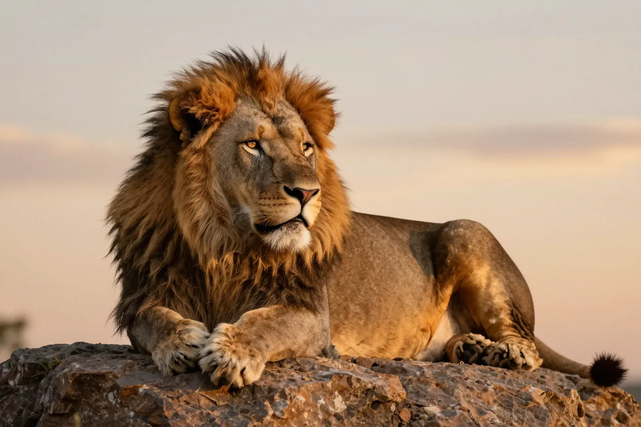 A large male lion rests calmly on a rugged rock under soft golden sunset sky
