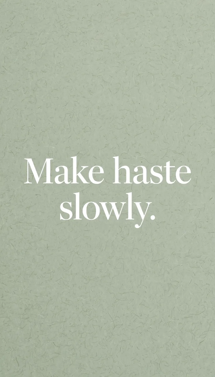 Centered white serif text reading "Make haste slowly." on a soft sage green subtle paper grain background