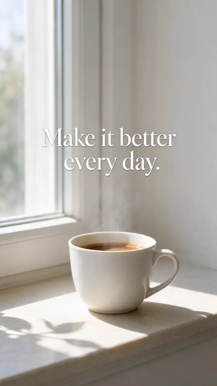 A steaming white coffee cup on a sunny morning windowsill with the text "Make it better every day."