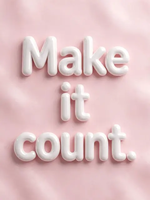 Glossy white 3D bubble lettering spelling "Make it count." on a soft pastel pink background