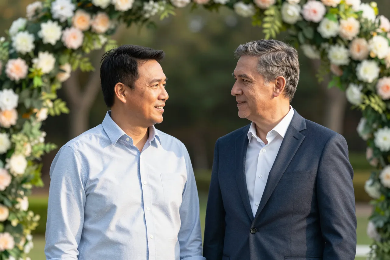 Two men in their forties stand facing each other smiling beneath a flower arch in soft afternoon outdoor light.