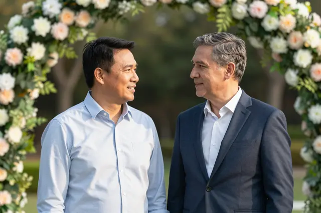 Two men in their forties stand facing each other smiling beneath a flower arch in soft afternoon outdoor light.