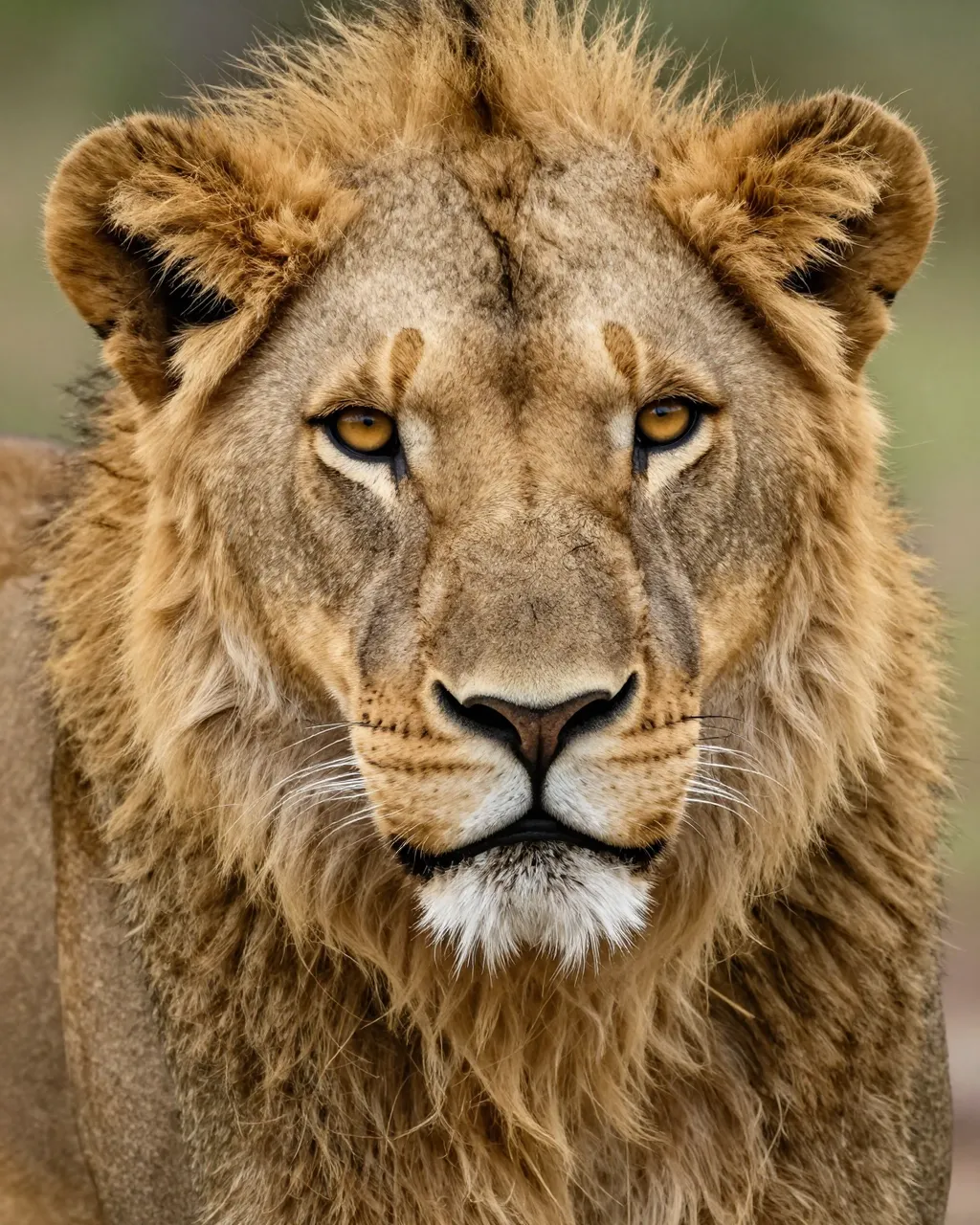 Close-up frontal portrait of a lion with warm amber eyes facing the viewer directly