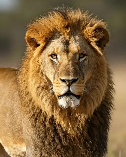 Close-up front portrait of a male lion with a full mane lit by warm golden light