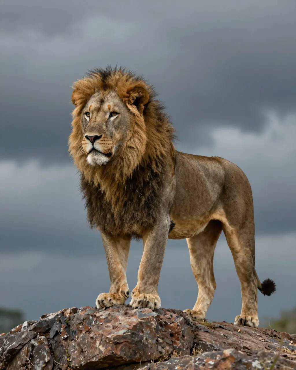 A mature male lion with a dark mane stands on a rock under a stormy overcast sky