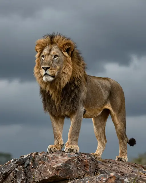 A mature male lion with a dark mane stands on a rock under a stormy overcast sky