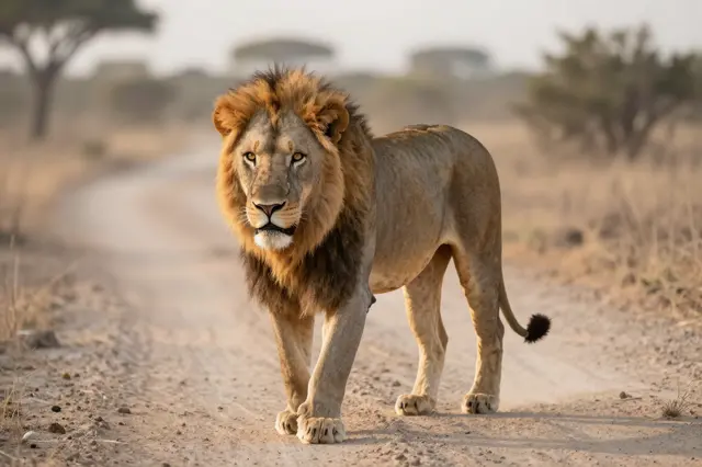 A large male lion walks directly toward the camera along a sunlit dusty savanna track at sunrise.