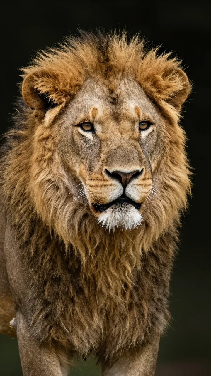 Close-up vertical portrait of a mature male lion with a full golden mane against a dark blurred background