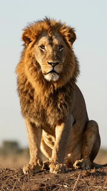 A male lion with a full mane sits upright on a termite mound lit by warm sunrise light